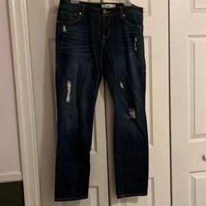 CAbi full length distressed blue Jean.    Slim boyfriend